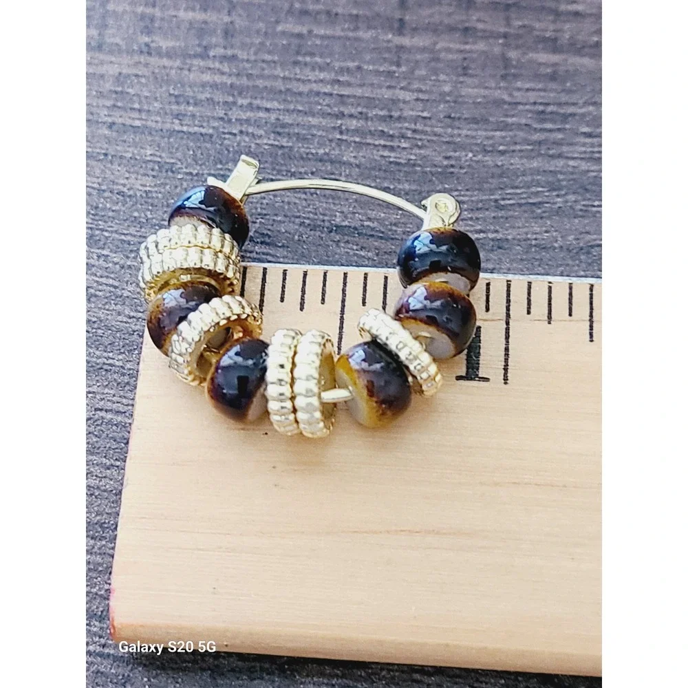 Gold Tone‎ Beaded Hoop Earrings Brown Amber Earth Tone Latch Back 1 Inch